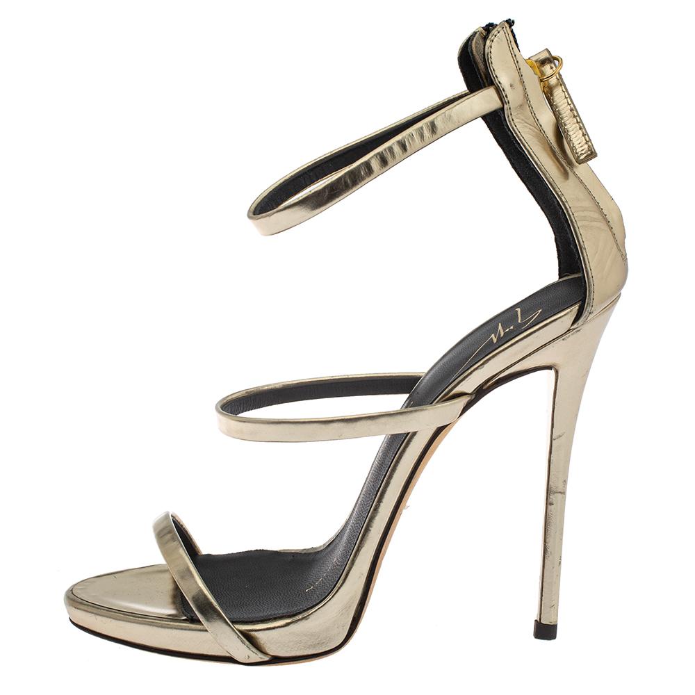 Black Giuseppe Zanotti Gold Foil Leather Harmony Strap Sandals Size 35 For Sale