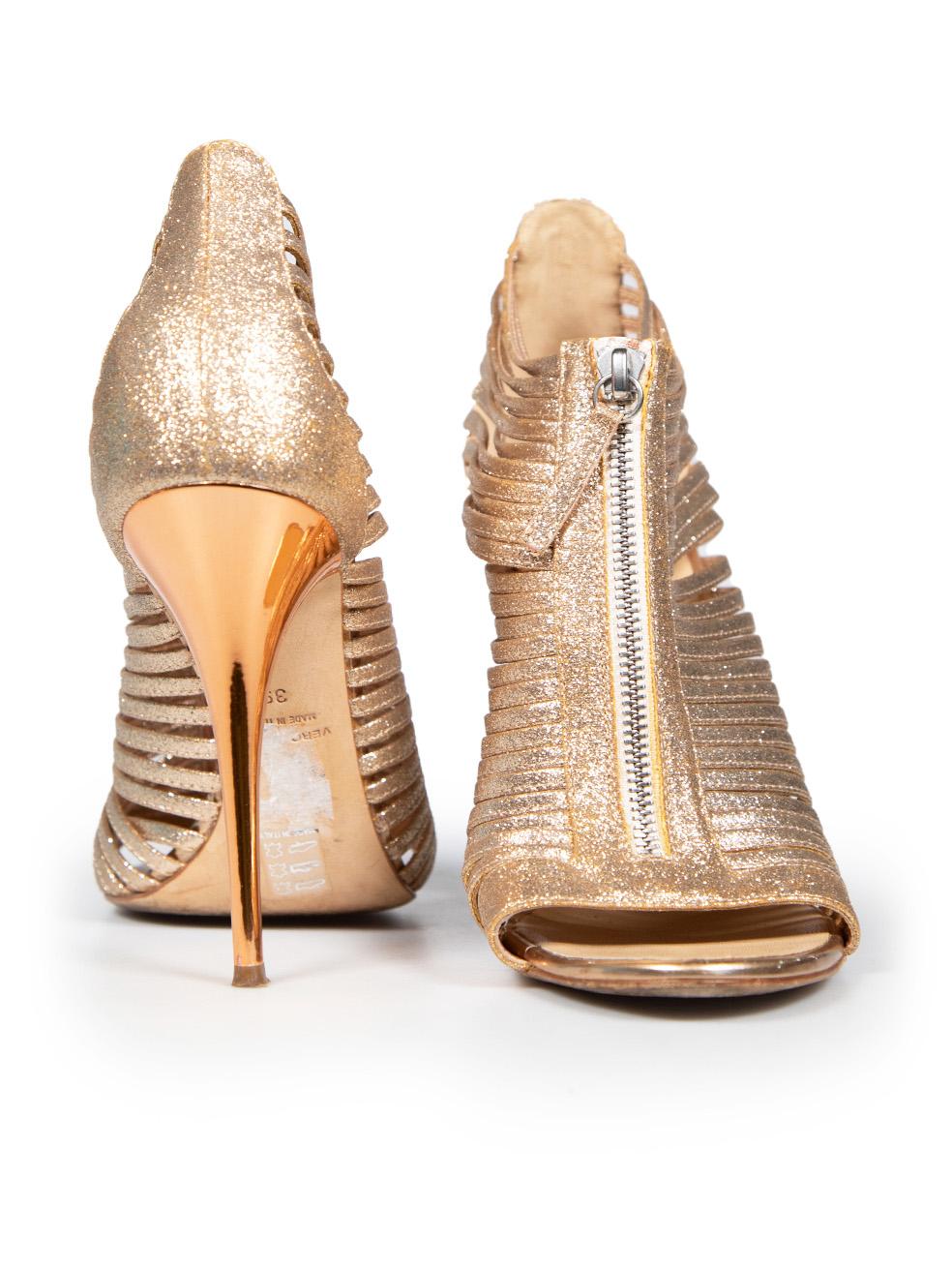 Giuseppe Zanotti Gold Glitter Zip Detail Sandals Size IT 39 In Excellent Condition In London, GB