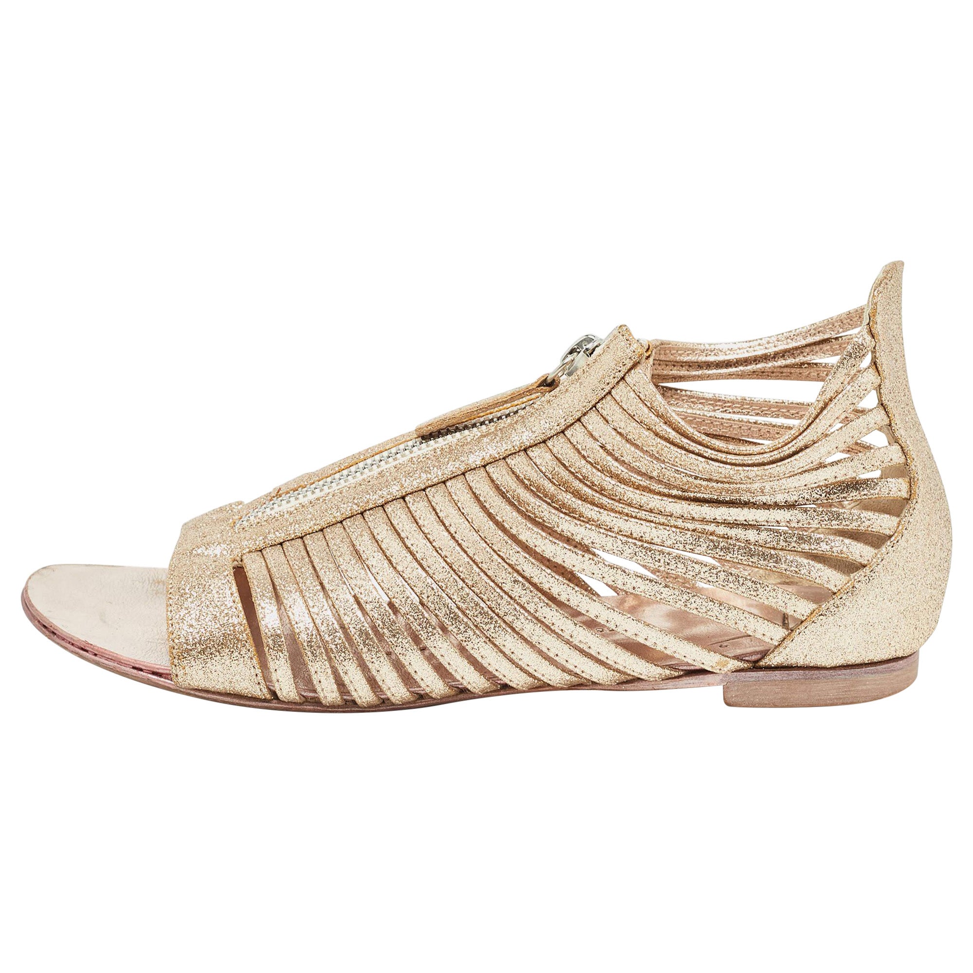 Giuseppe Zanotti - Sandali piatti con zip e gabbia in oro misura 36