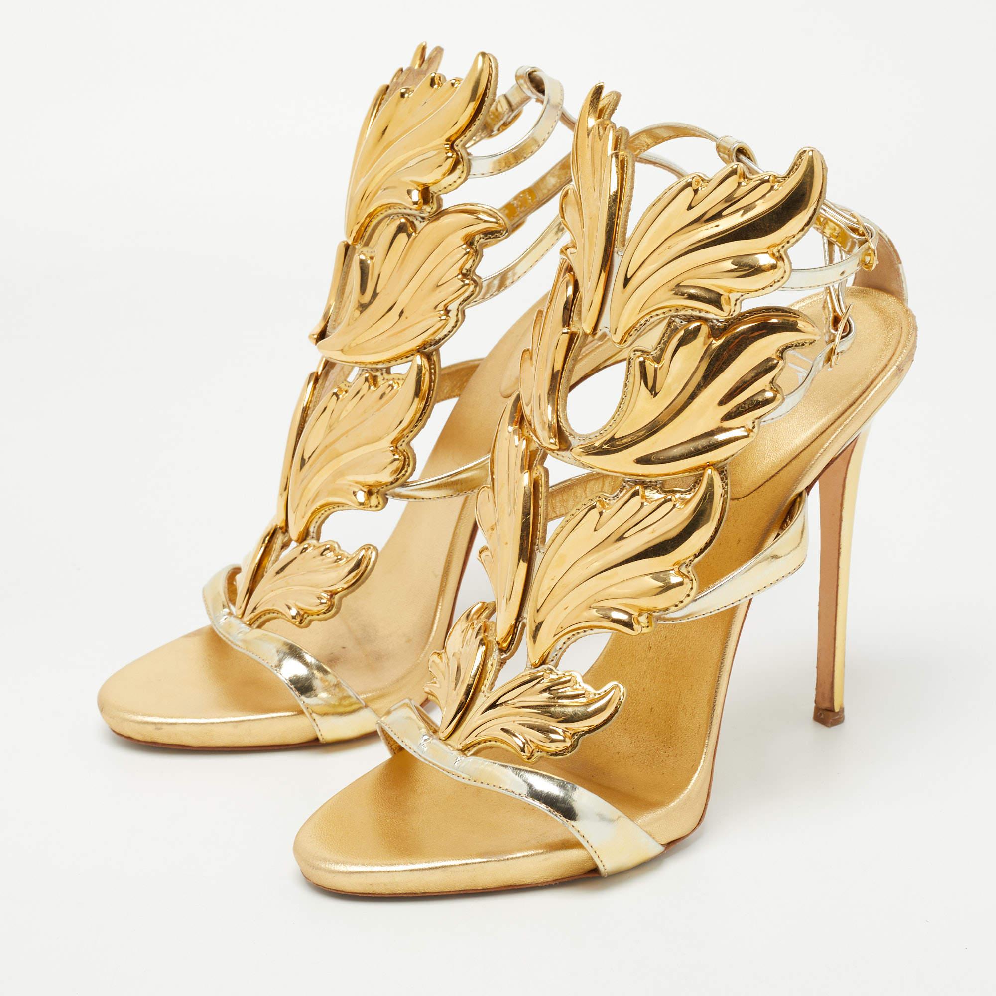Women's Giuseppe Zanotti Gold Leather Argent Metal Wing Strappy Sandals Size 41