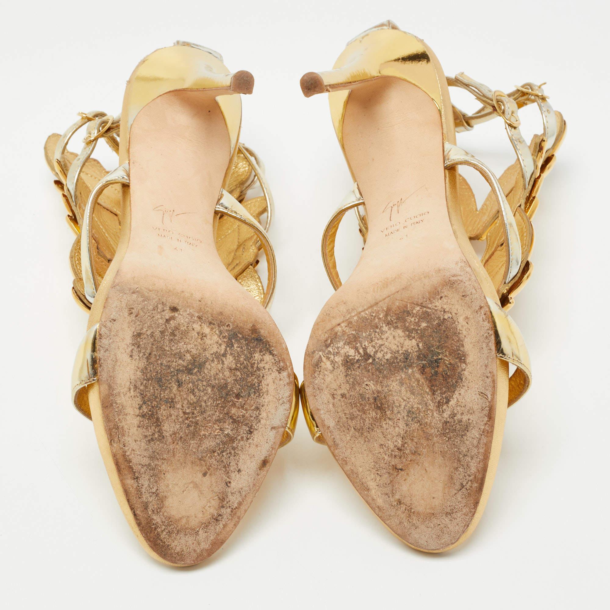 Giuseppe Zanotti Gold Leather Argent Metal Wing Strappy Sandals Size 41 4