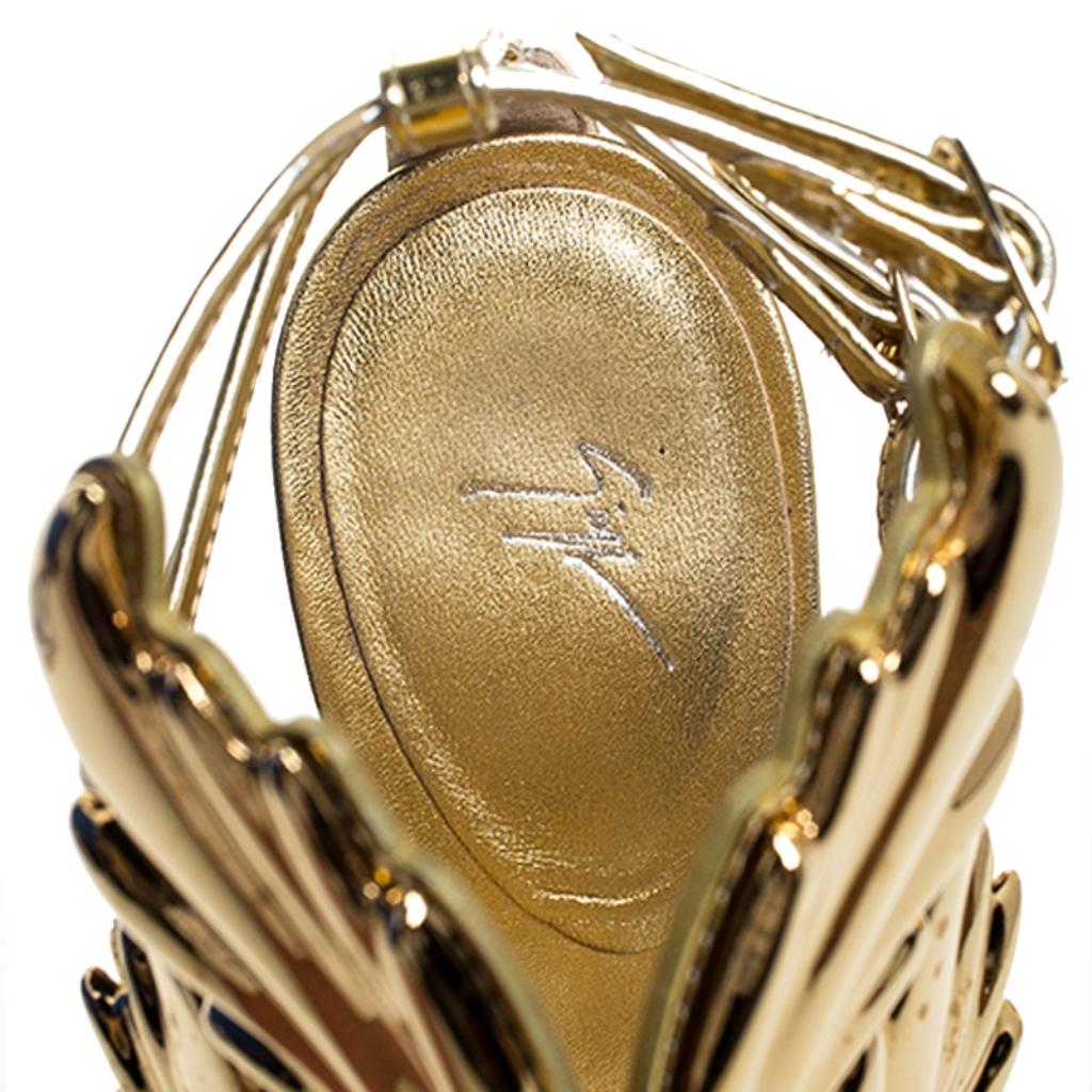 Women's Giuseppe Zanotti Gold Leather Baroque Leaf Sandals Size 38