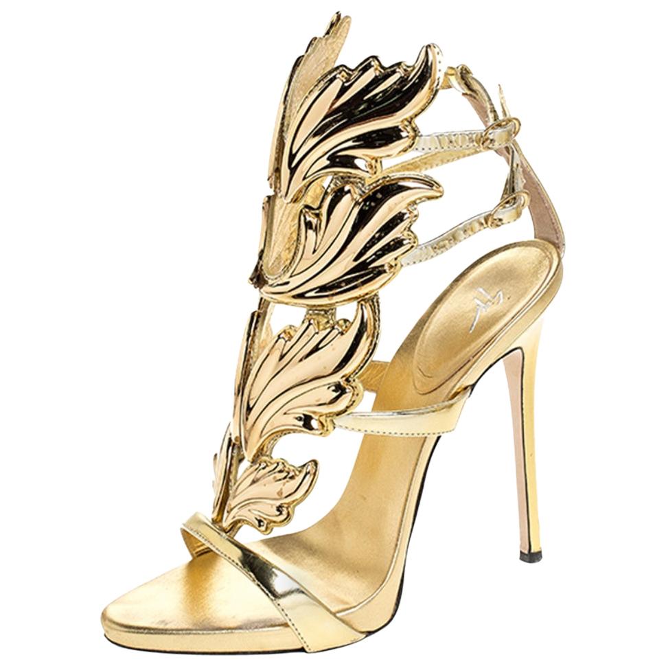 Giuseppe Zanotti Gold Leather Baroque Leaf Sandals Size 38