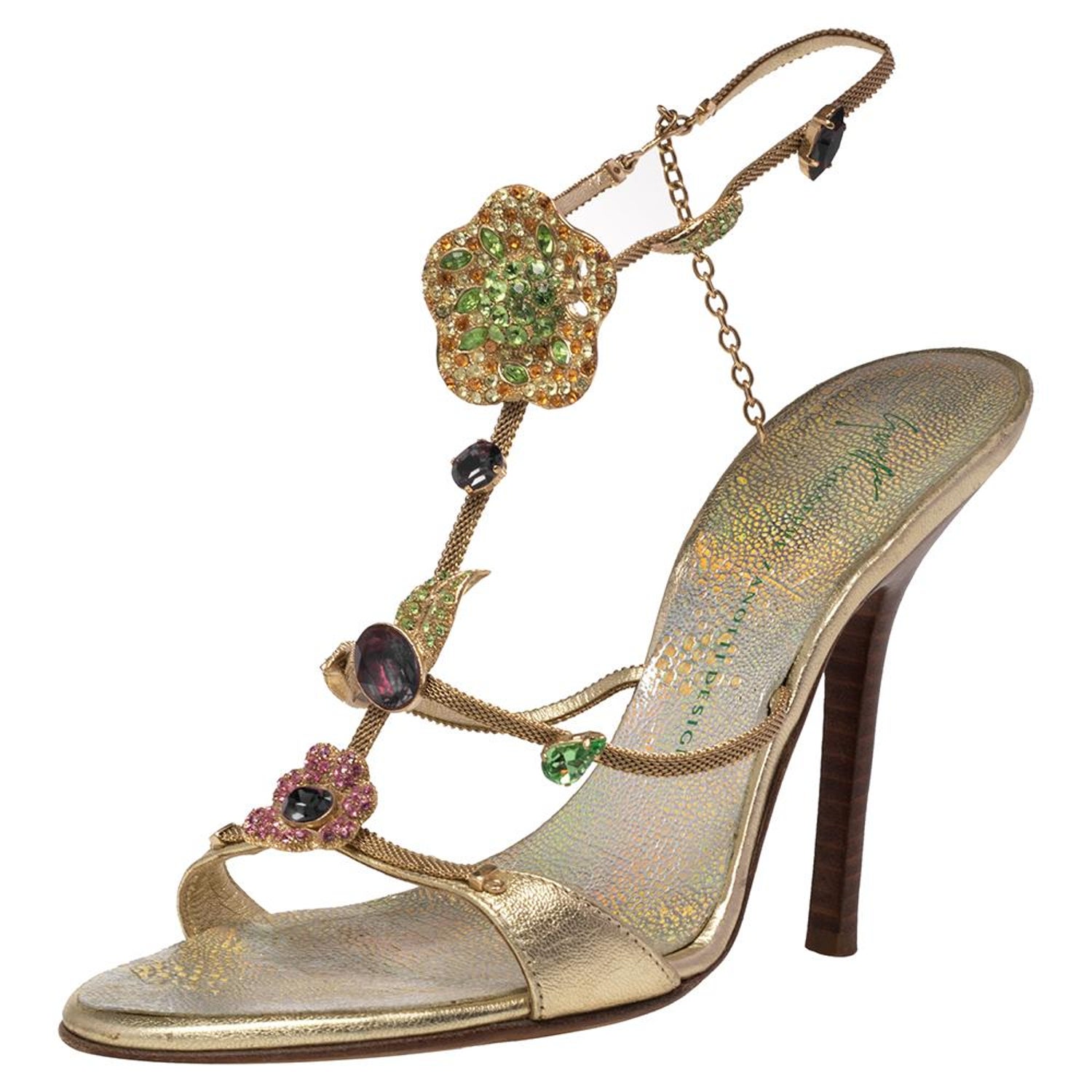 Giuseppe Zanotti Gold Leather Crystal Embellished Ankle Strap Sandals Size  36 at 1stDibs