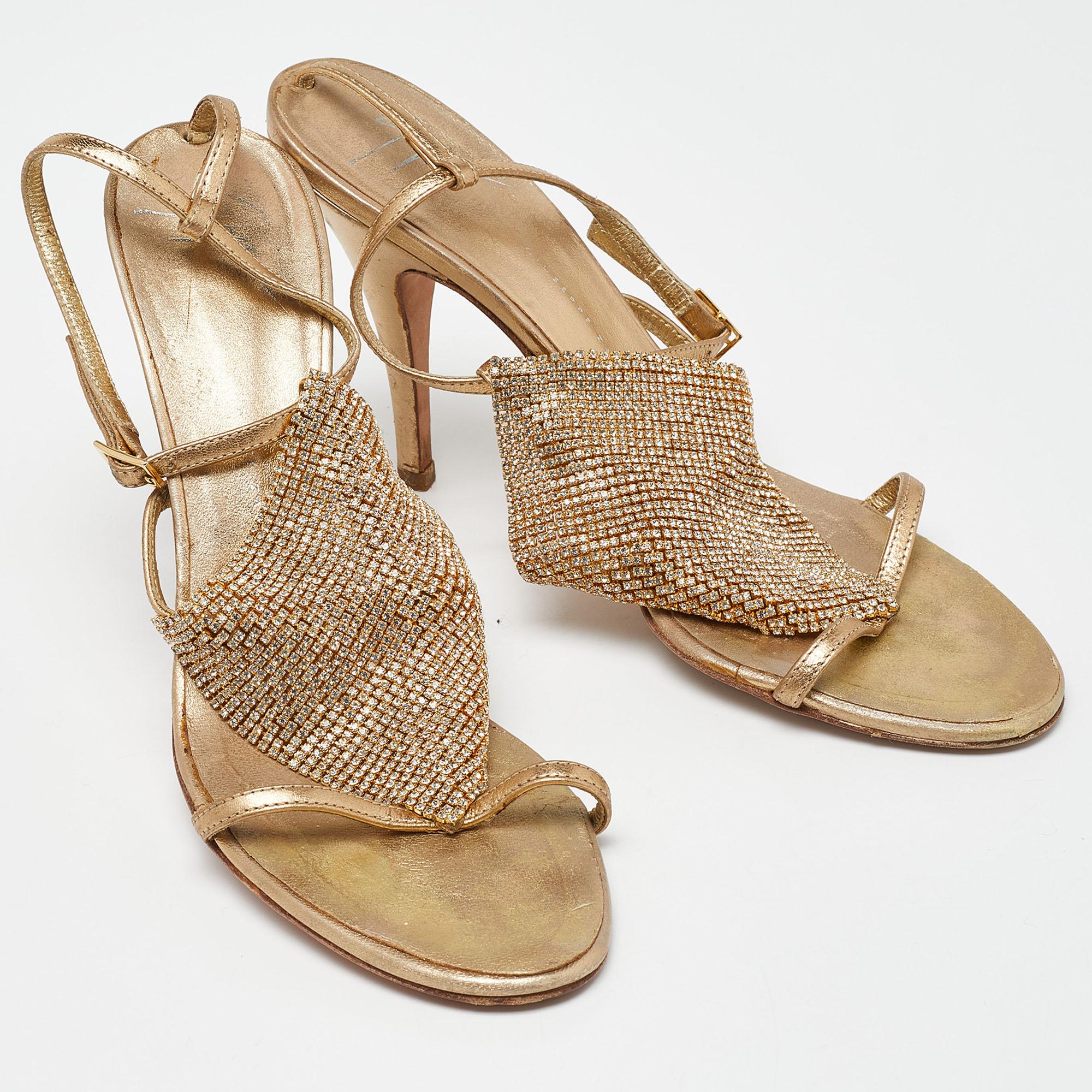 Women's Giuseppe Zanotti Gold Leather Crystal Embellished Sandals Size 38.5