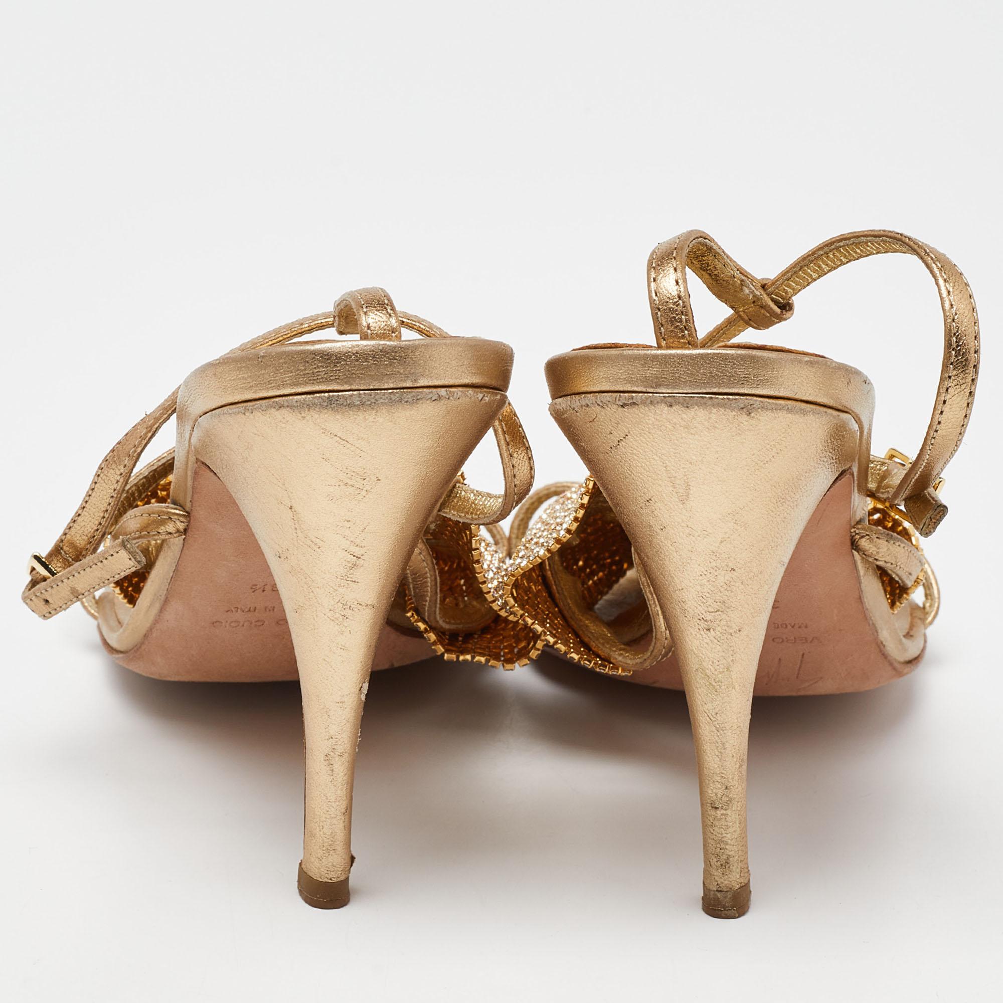 Giuseppe Zanotti Gold Leather Crystal Embellished Sandals Size 38.5 1