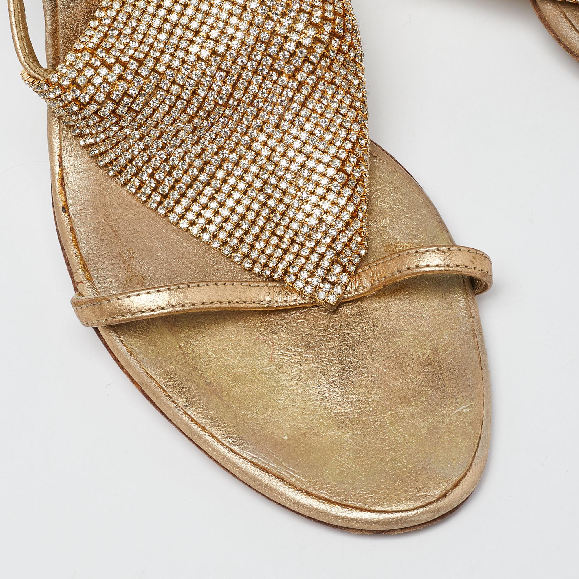 Giuseppe Zanotti Gold Leather Crystal Embellished Sandals Size 38.5 3