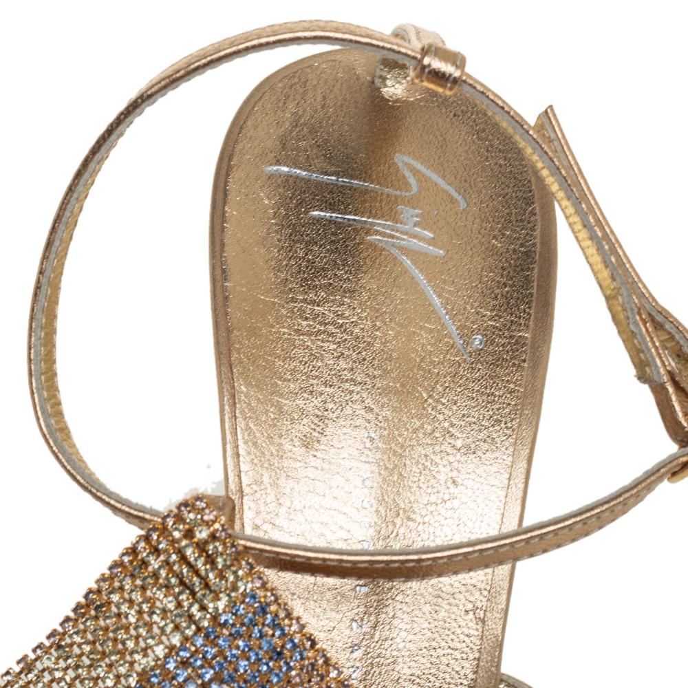 Brown Giuseppe Zanotti Gold Leather Crystal Embellished Sandals Size 41 For Sale