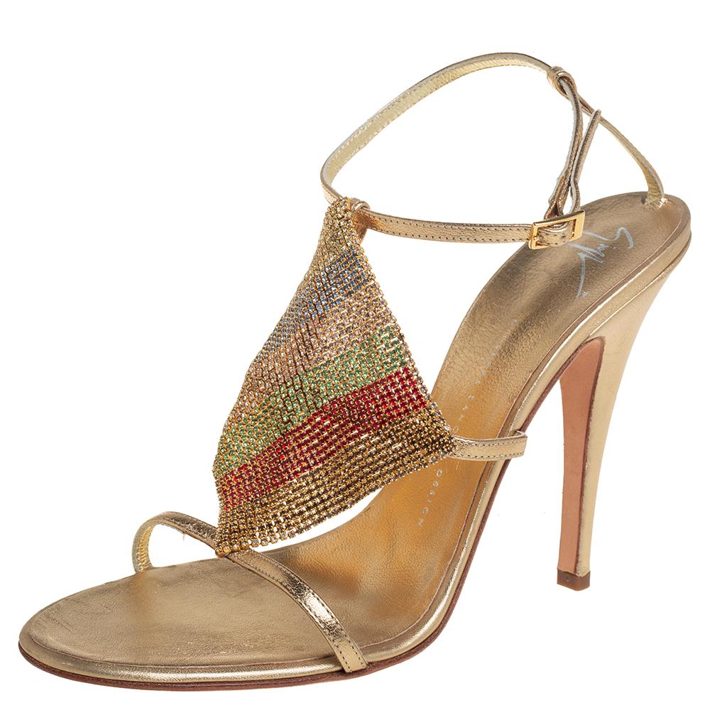 Giuseppe Zanotti Gold Leather Crystal Embellished Sandals Size 41 For Sale