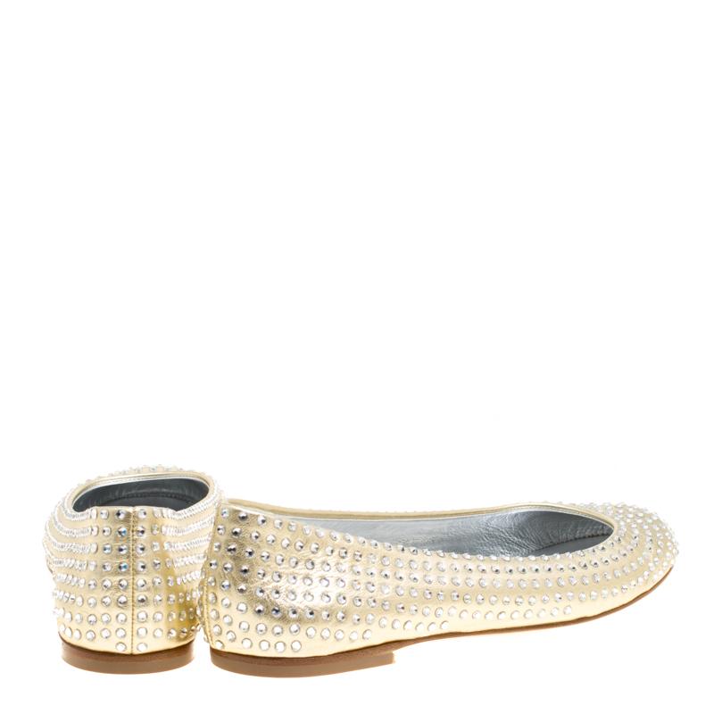 Giuseppe Zanotti Gold Leather Crystal Studded Ballet Flats Size 39 In Excellent Condition In Dubai, Al Qouz 2