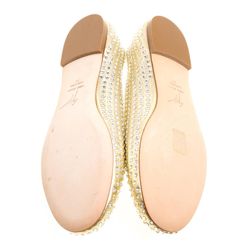 Women's Giuseppe Zanotti Gold Leather Crystal Studded Ballet Flats Size 39