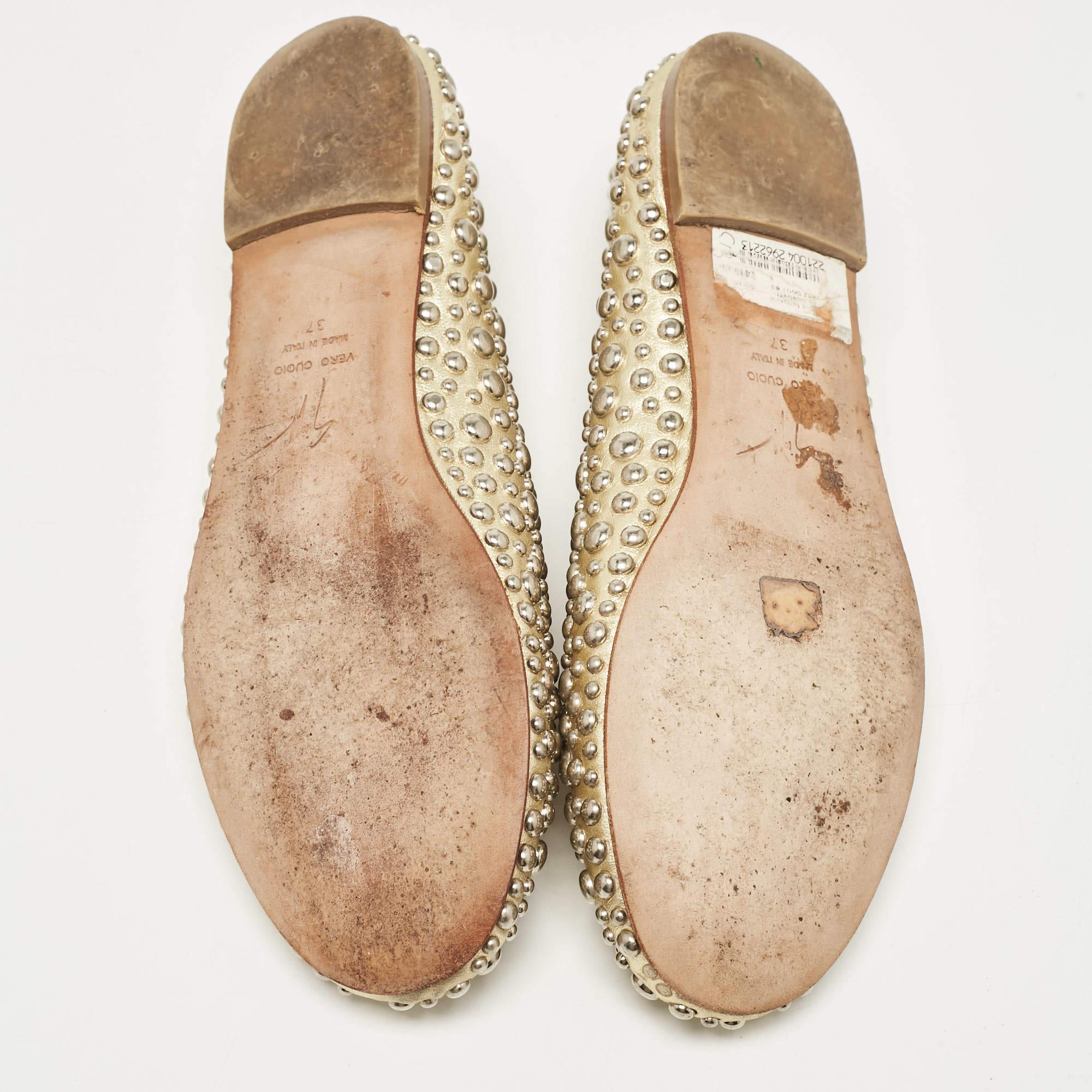 Giuseppe Zanotti Gold Leather Embellished Ballet Flats Size 37 For Sale 2