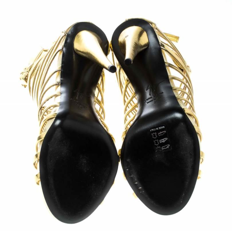 Women's Giuseppe Zanotti Gold Leather Gladiator Peep Toe Sandals Size 37