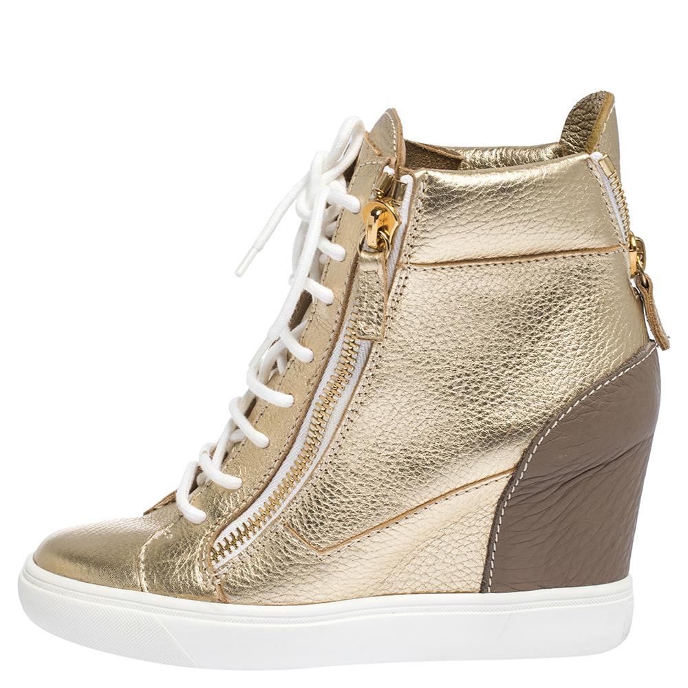 Women's Giuseppe Zanotti Gold Leather High Top Wedge Sneakers Size 37