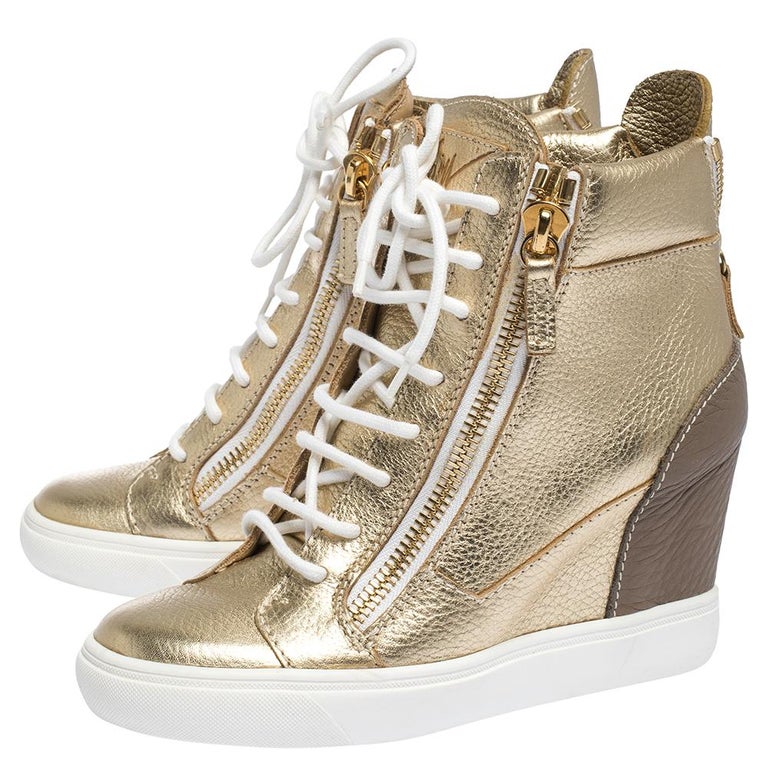 Giuseppe Zanotti Gold Leather High Top Wedge Sneakers Size 37 For Sale ...