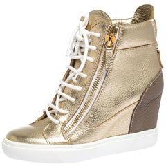 Giuseppe Zanotti Gold Leather High Top Wedge Sneakers Size 37