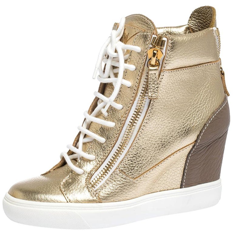 Giuseppe Zanotti Gold Leather High Top Wedge Sneakers 37 at