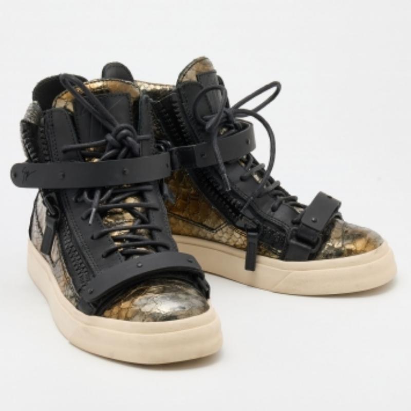 Donna Giuseppe Zanotti - Sneakers alte Coby in pelle goffrata con pitone oro - misura 37 in vendita