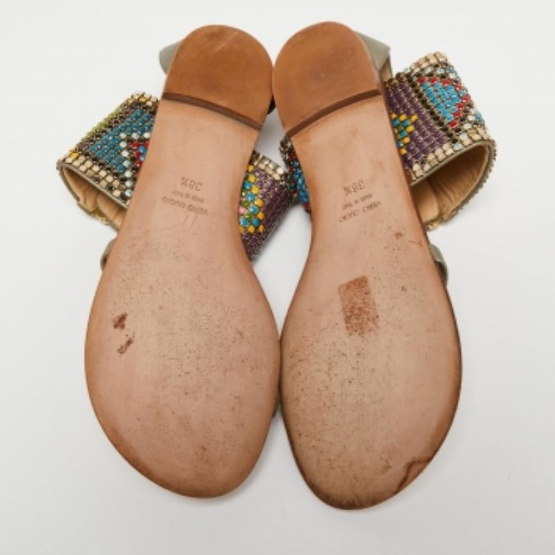 Brown Giuseppe Zanotti Green Leather Embellished Ankle Wrap Flat Sandals Size 38.5 For Sale