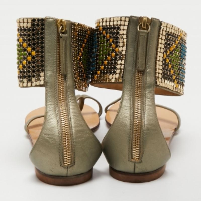 Women's Giuseppe Zanotti Green Leather Embellished Ankle Wrap Flat Sandals Size 38.5 For Sale