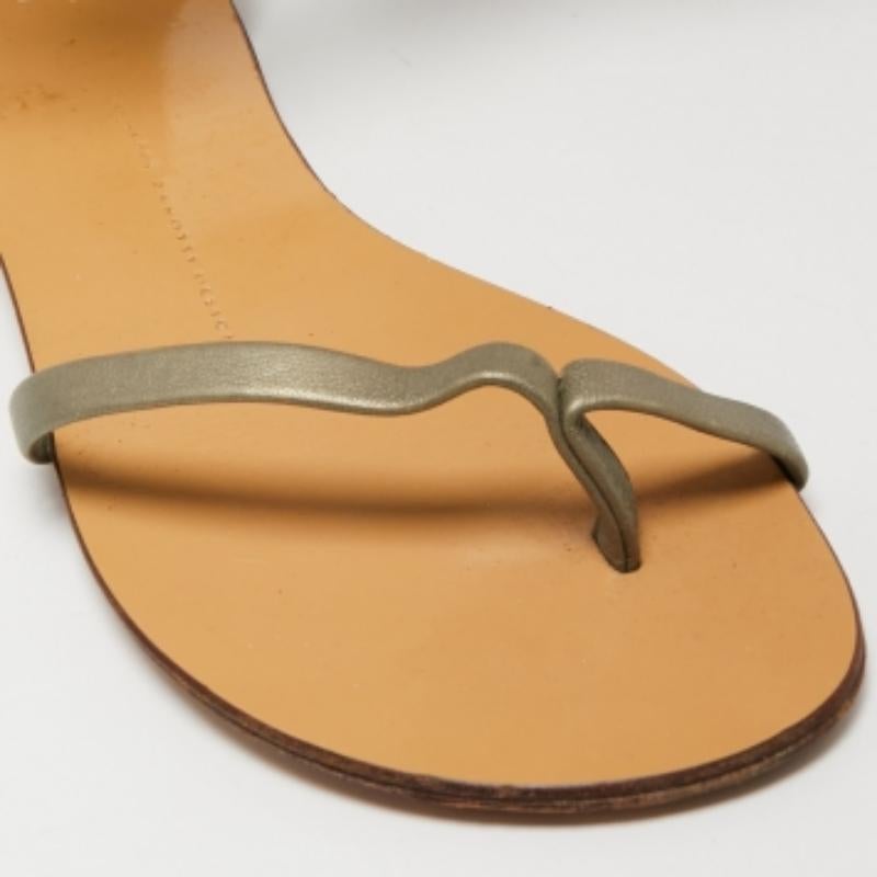 Giuseppe Zanotti Green Leather Embellished Ankle Wrap Flat Sandals Size 38.5 For Sale 1