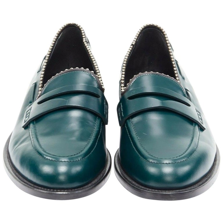 GIUSEPPE ZANOTTI green leather silver stud trimmed penny loafer EU44 For  Sale at 1stDibs