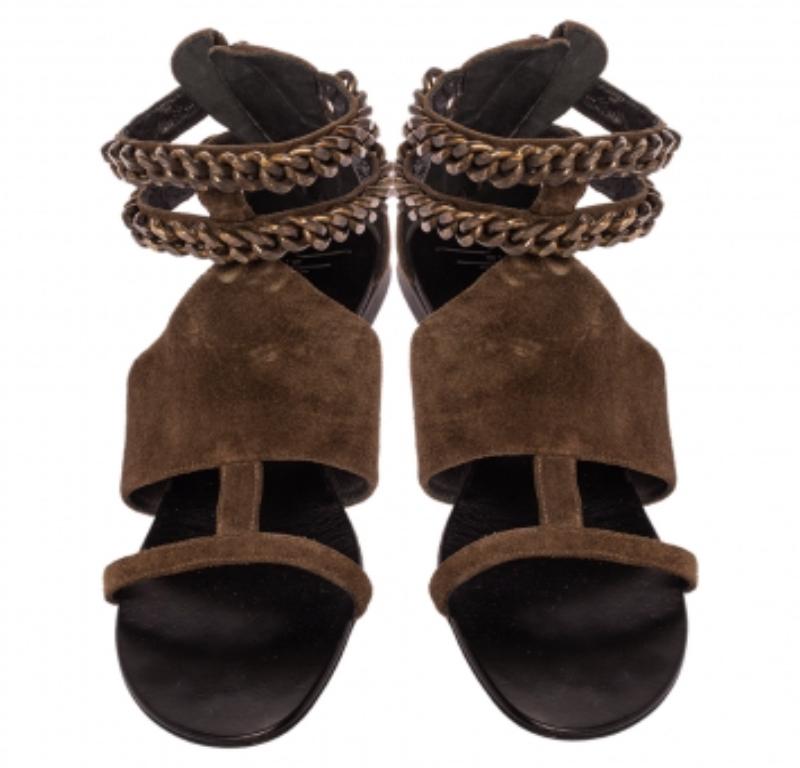 Giuseppe Zanotti Green Suede Chained Ankle Strap Flat Sandals Size 40 For Sale 1