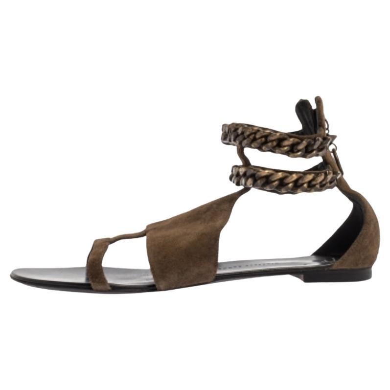 Giuseppe Zanotti Green Suede Chained Ankle Strap Flat Sandals Size 40 For Sale