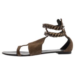 Giuseppe Zanotti Green Suede Chained Ankle Strap Flat Sandals Size 40