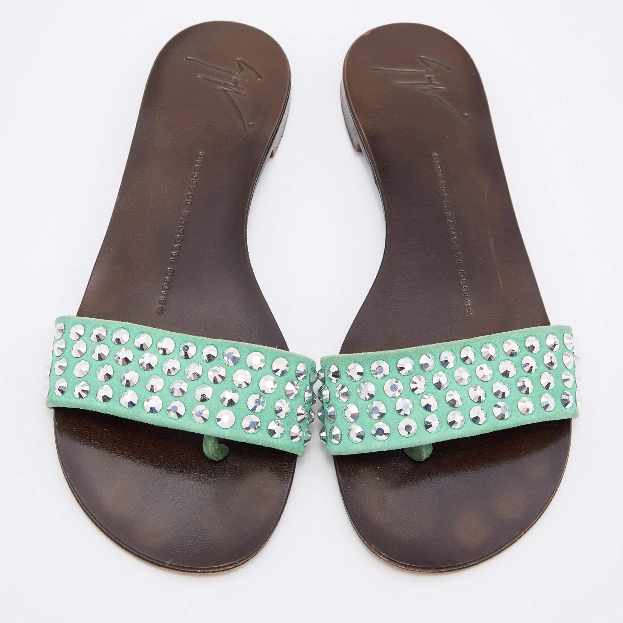 Gray Giuseppe Zanotti Green Suede Leather Crystal Embellished Flat Slides Size 36.5 For Sale