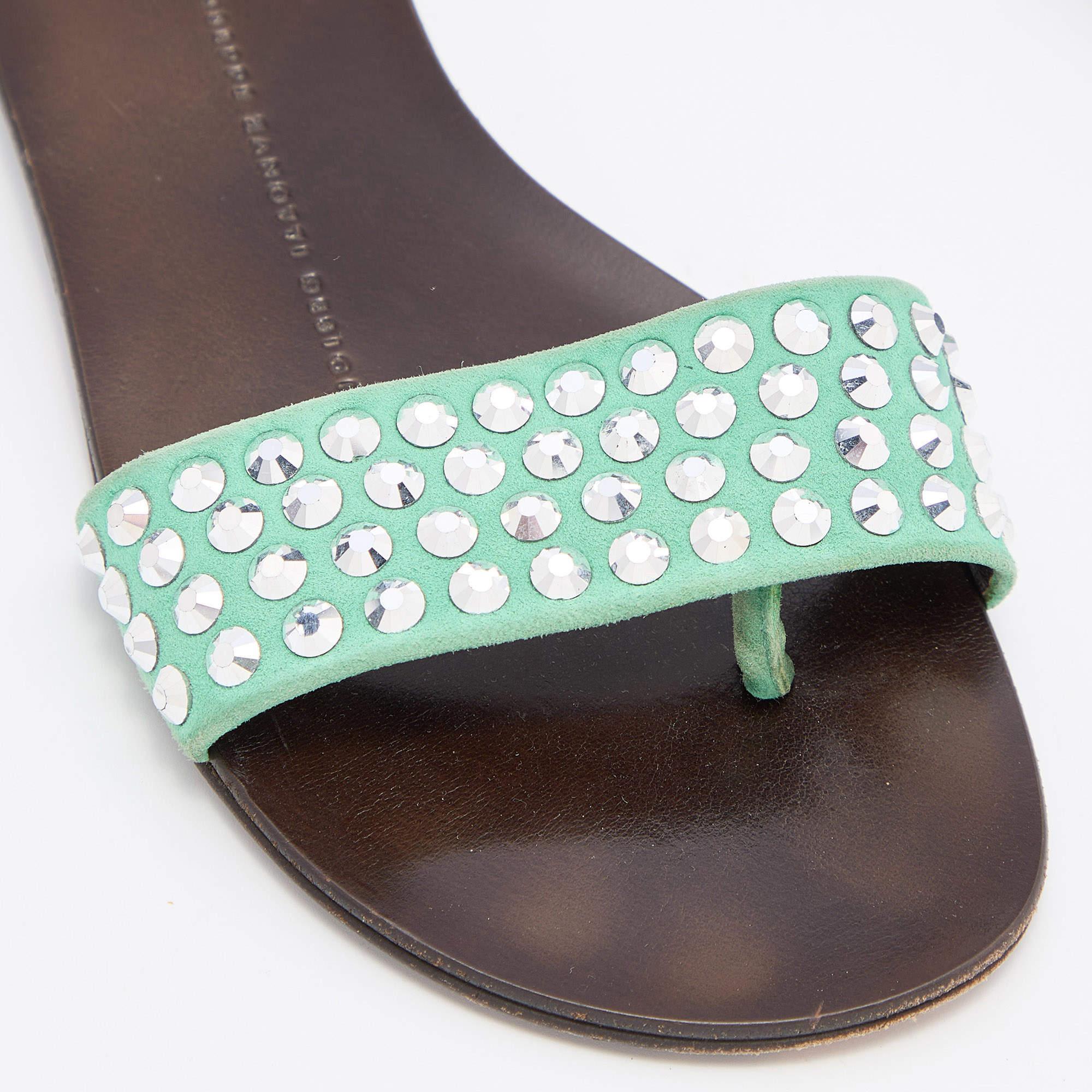 Giuseppe Zanotti Green Suede Leather Crystal Embellished Flat Slides Size 36.5 For Sale 2