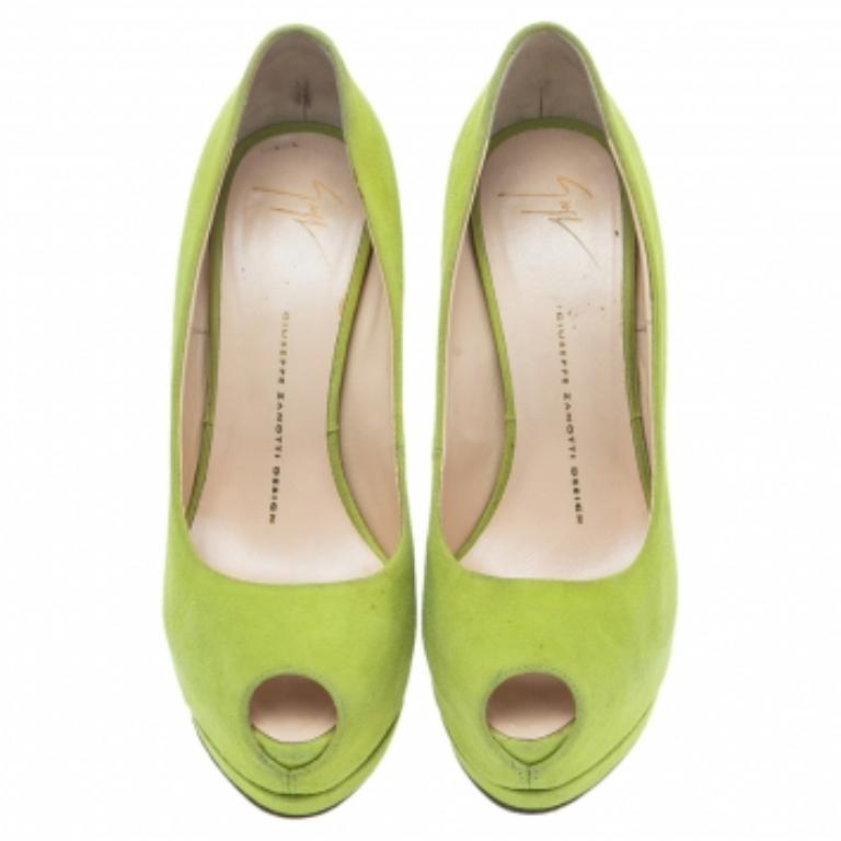Yellow Giuseppe Zanotti Green Suede Sharon Peep-Toe Platform Pumps Size 38