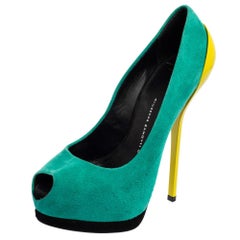 Giuseppe Zanotti Green/Yellow Suede And Patent Leather Peep Toe Pumps Size 37