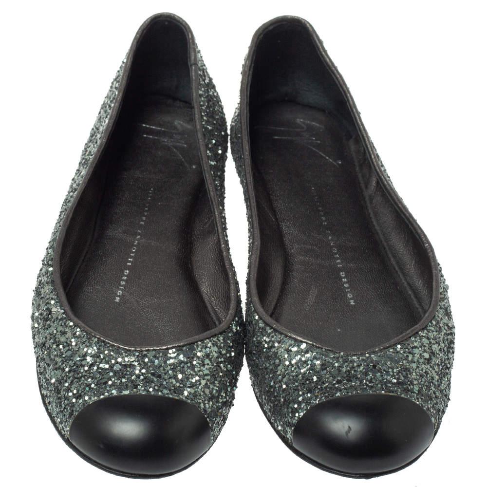 Black Giuseppe Zanotti Grey Glitter Fabric Cap Toe Ballet Flats Size 35