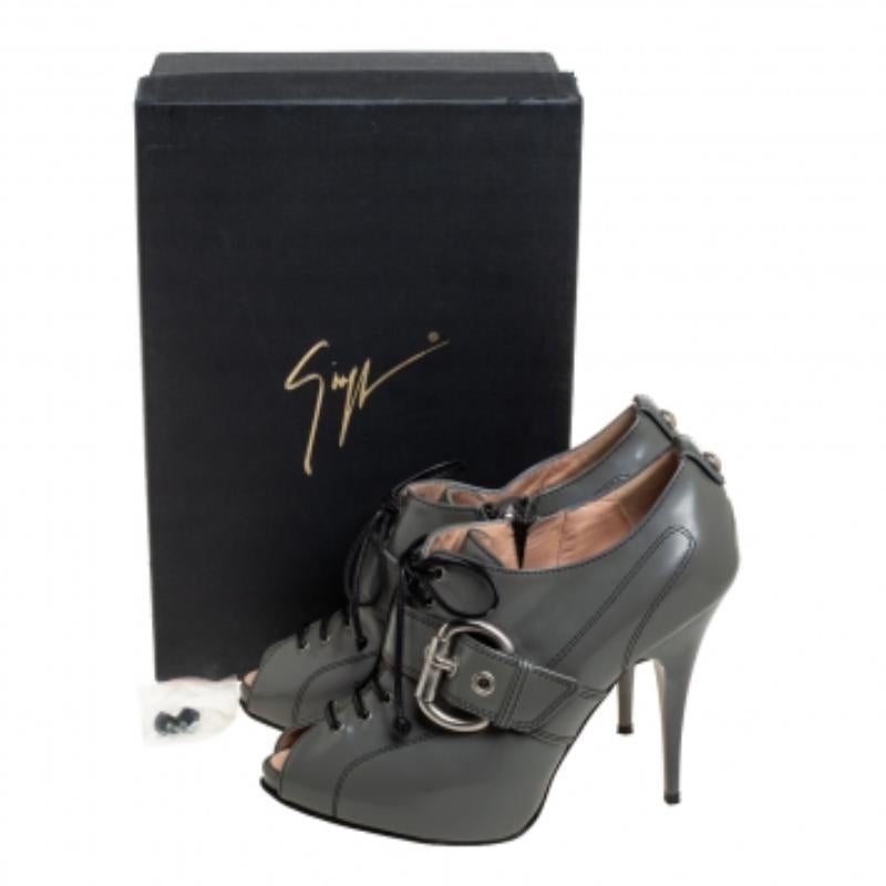 Gray Giuseppe Zanotti Grey Leather Lace Up Buckle Detail Booties Size 37.5 For Sale