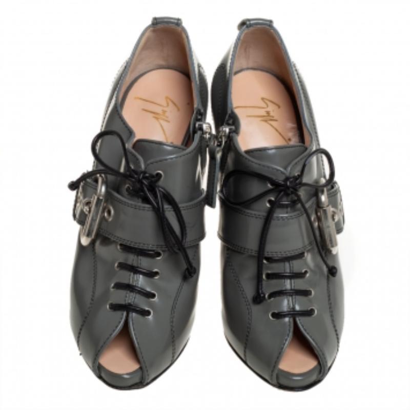 Giuseppe Zanotti Grey Leather Lace Up Buckle Detail Booties Size 37.5 For Sale 1