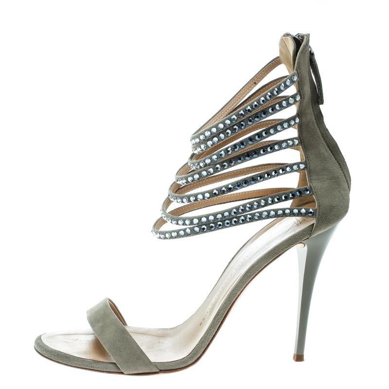 Giuseppe Zanotti Grey Suede Crystal Ankle Strap Open Toe Sandals Size 40 For Sale 1