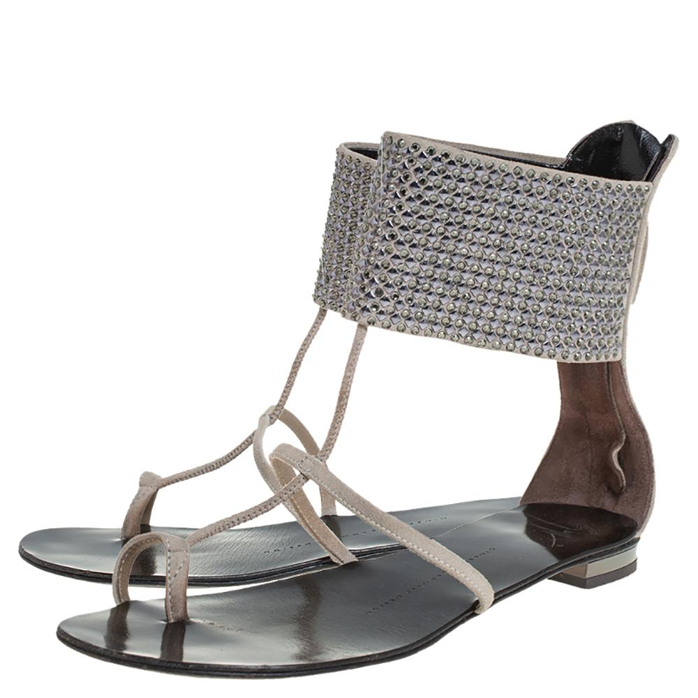 Giuseppe Zanotti Grey Suede Embellished Flat Ankle Cuff Sandals Size 36 1