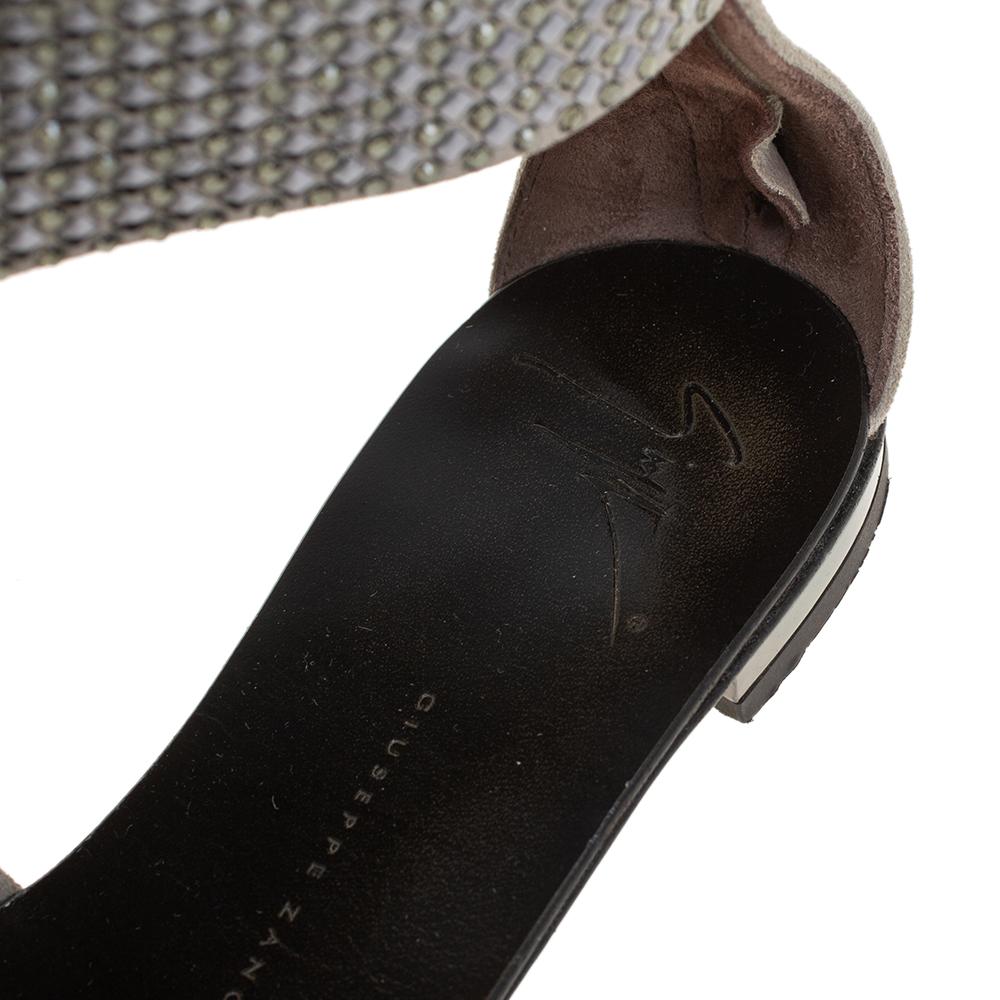 Giuseppe Zanotti Grey Suede Embellished Flat Ankle Cuff Sandals Size 36 2
