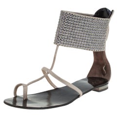 Giuseppe Zanotti Grey Suede Embellished Flat Ankle Cuff Sandals Size 36