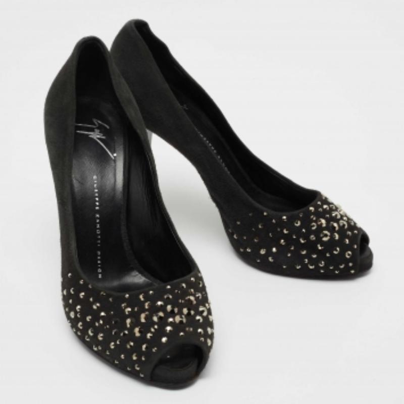 Black Giuseppe Zanotti Grey Suede Embellished Peep Toe Pumps Size 38.5 For Sale