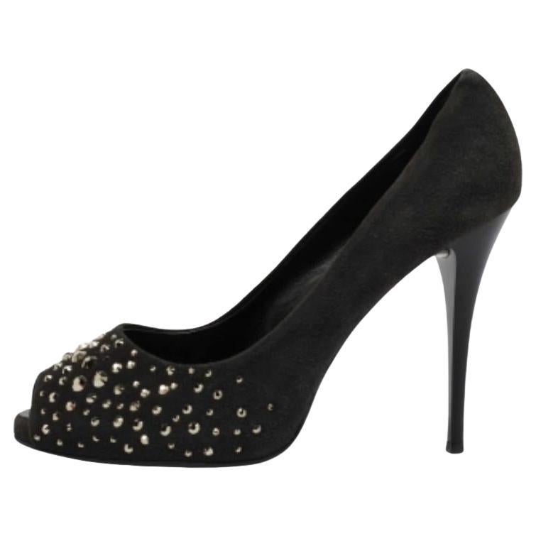Giuseppe Zanotti Grey Suede Embellished Peep Toe Pumps Size 38.5 For Sale