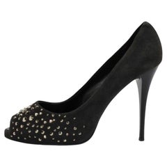 Giuseppe Zanotti Grey Suede Embellished Peep Toe Pumps Size 38.5