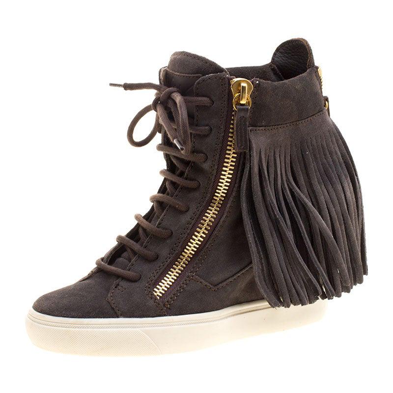 Giuseppe Zanotti Grey Suede Lorenz Fringe Wedge Sneakers Size 37 For Sale  at 1stDibs