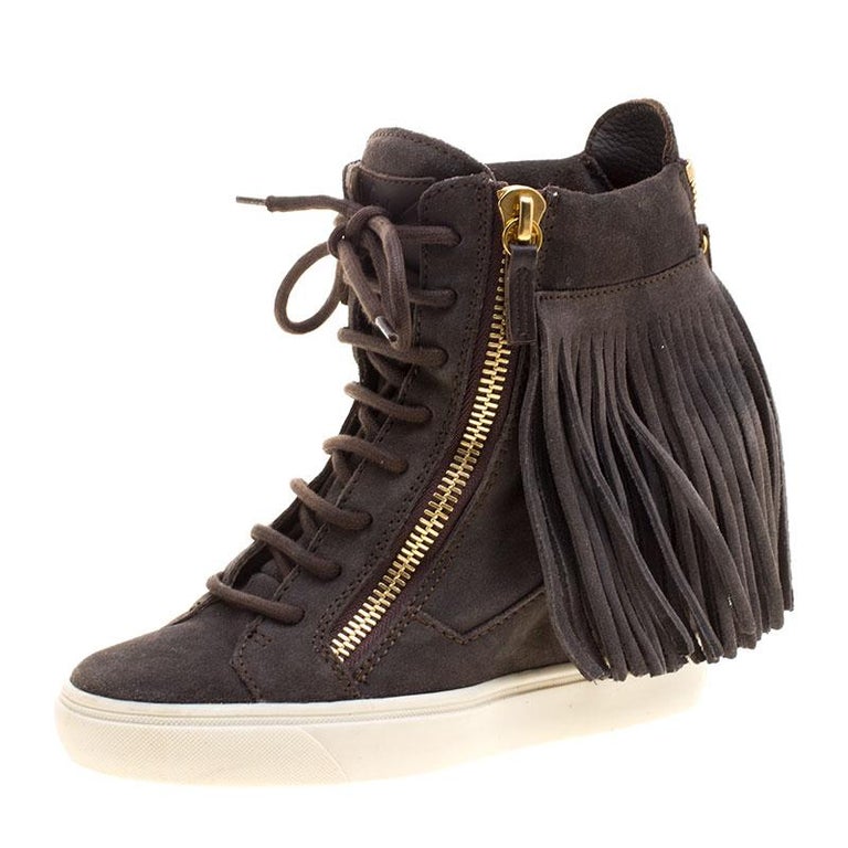 Giuseppe Zanotti Grey Suede Lorenz Fringe Wedge Sneakers Size 37 For ...