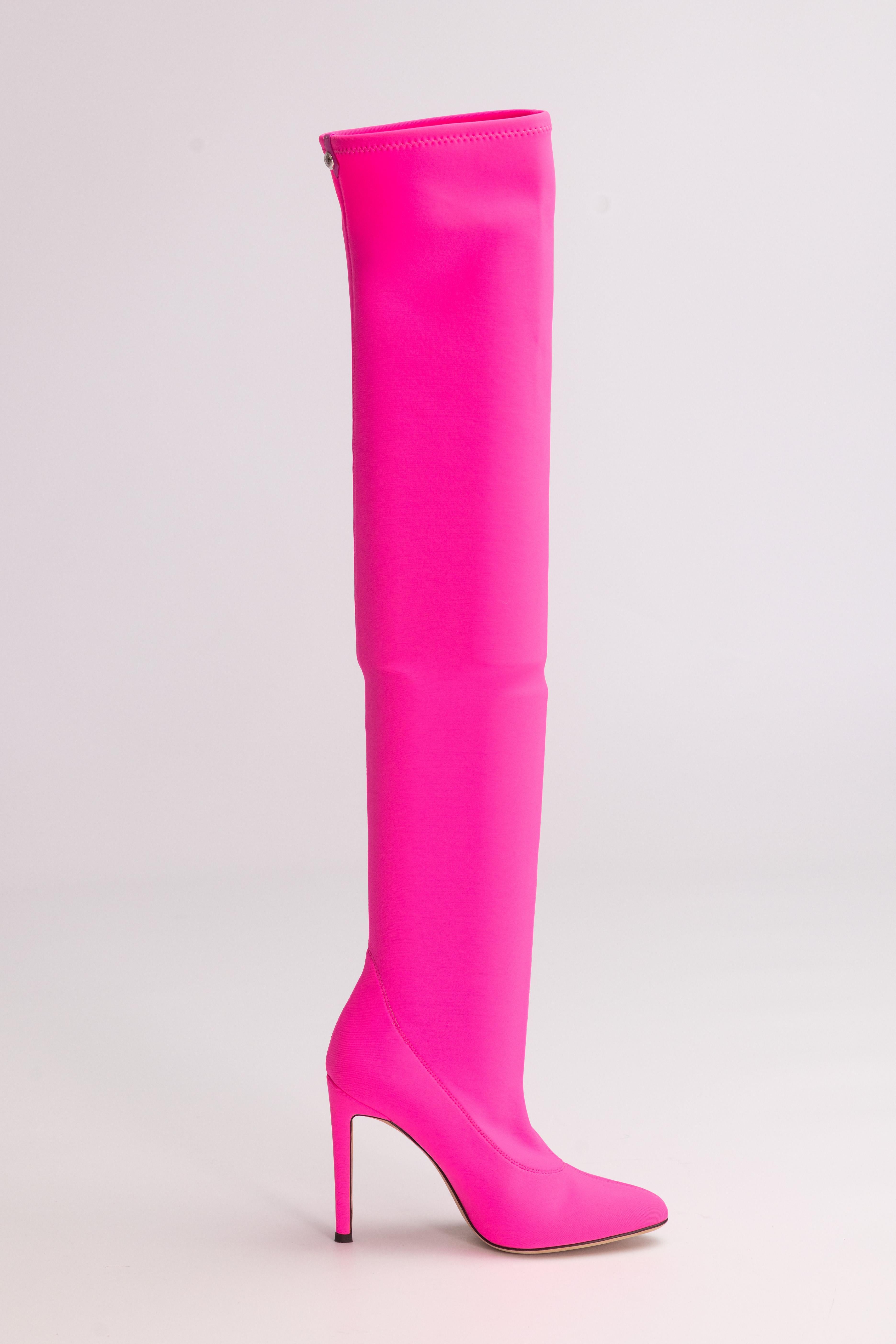 GIUSEPPE ZANOTTI HOT PINK KNEE HIGH HEELED BOOTS (EU 36)

Stretch bonded jersey over-the-knee boots in fluorescent pink. Almond toe. Tonal leather tab with silver-tone logo plaque at elasticized collar. Covered stiletto heel. Leather sole in beige.