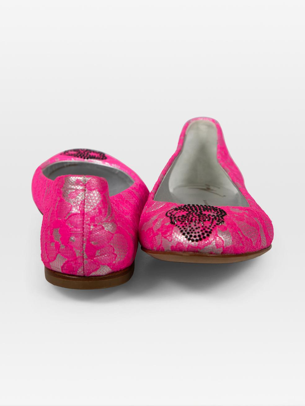 Giuseppe Zanotti Hot Pink Leather & Lace Ballet Flats Size IT 39 In New Condition For Sale In London, GB