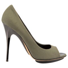 Used Giuseppe Zanotti Khaki Canvas Peep Toe Heels Size IT 38.5