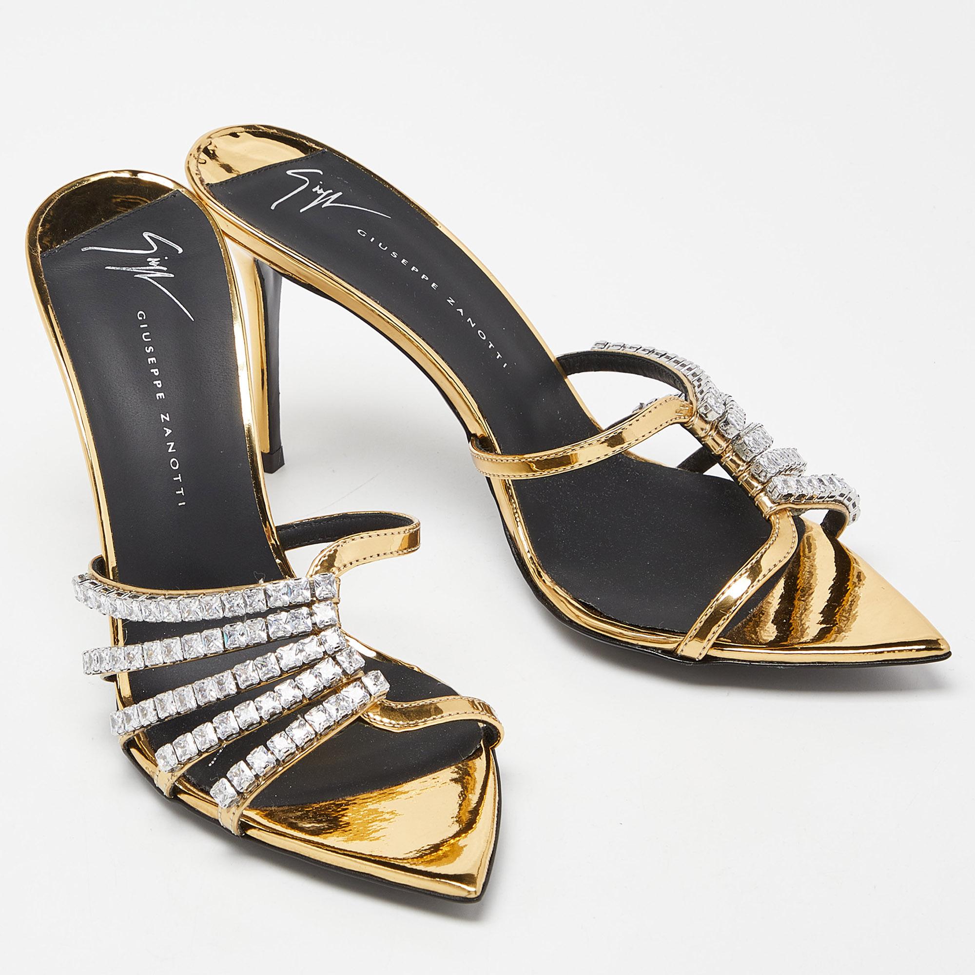 Giuseppe Zanotti Laminated Leather Crystal Embellished Slide Sandals Size 37 For Sale 1