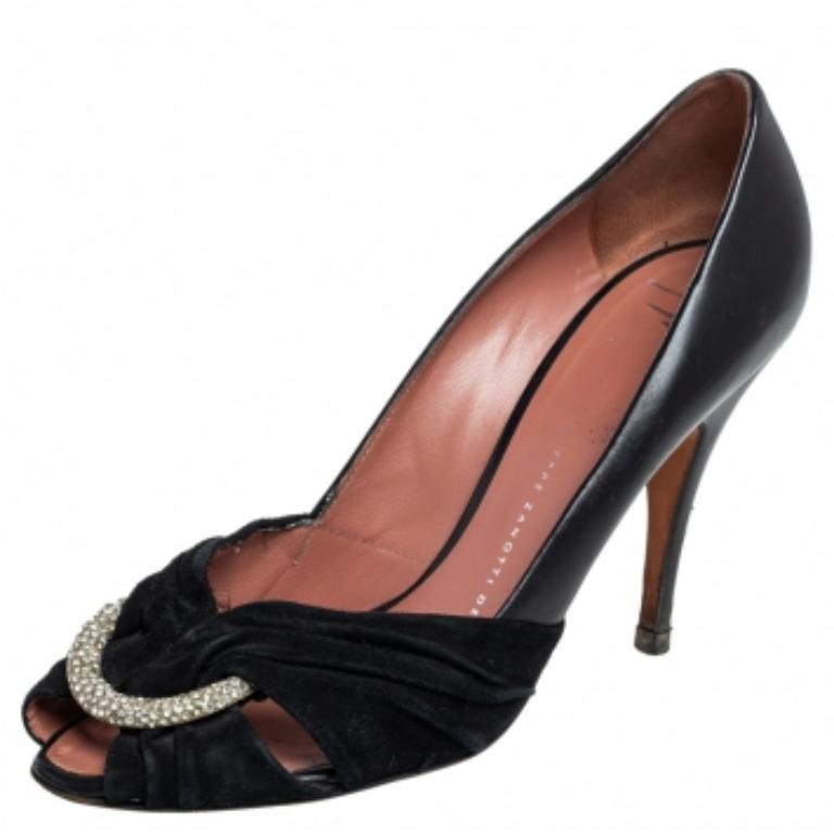 Nero Giuseppe Zanotti Pumps Peep Toe in pelle e camoscio impreziosite da cristalli misura 37,5 in vendita